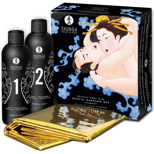 Gel da massaggio erotico Shunga KITS con frutta esotica, ideale per massaggi corpo a corpo, in confezione elegante.