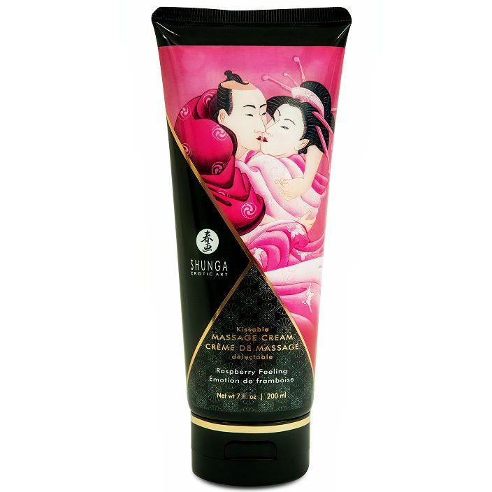 Crema da massaggio al lampone Shunga Massage Cream, 200 ml, in tubina con etichetta rosa e dettagli del prodotto sul packaging.