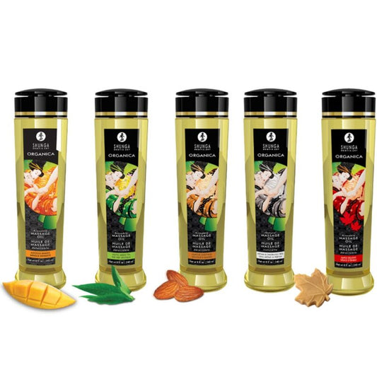 Olio da massaggio biologico al mango di SHUNGA OILS, bottiglia da 240 ml con etichetta e tappo nero.