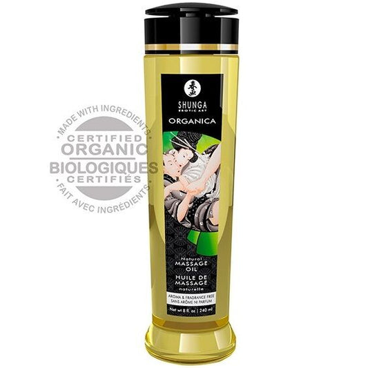 Olio da massaggio biologico naturale Shunga Oils, bottiglia da 240 ml con etichetta bianca e dettagli verdi.