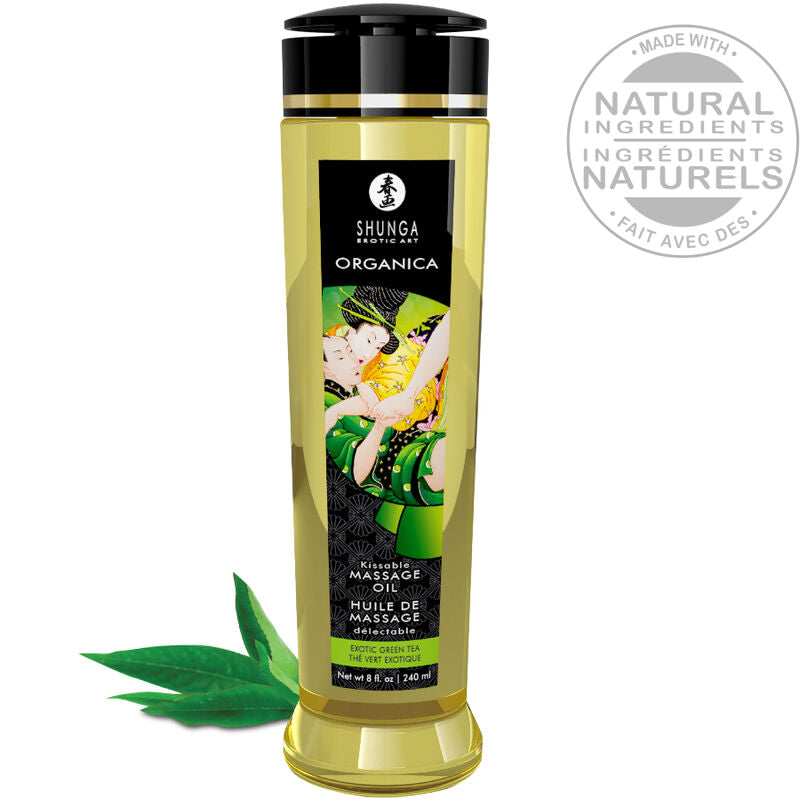 Olio da massaggio biologico al tè verde Shunga Oils, bottiglia da 240 ml con etichetta verde e tappo nero.