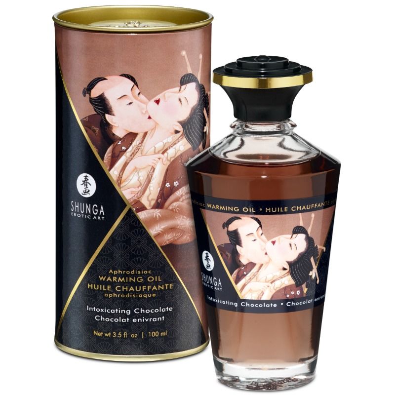 Olio da massaggio SHUNGA con effetto caldo al gusto intenso di cioccolato, bottiglia da 100 ml, con etichetta colorata e tappo.
