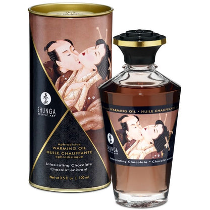 Olio da massaggio SHUNGA con effetto caldo al gusto intenso di cioccolato, bottiglia da 100 ml, con etichetta colorata e tappo.