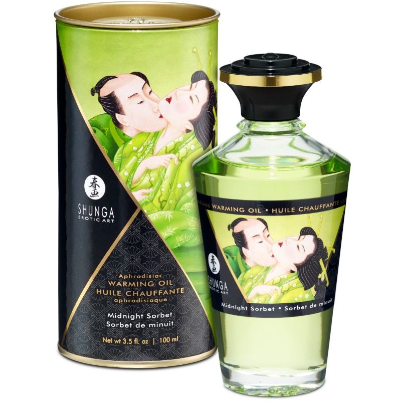 Olio da massaggio SHUNGA con effetto calore gustoso sorbetto di mezzanotte, bottiglia da 100 ml, con etichetta colorata e design elegante