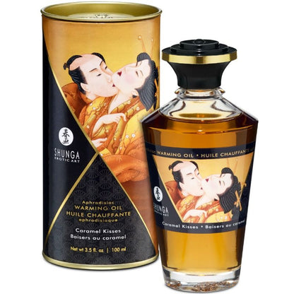 Olio da massaggio SHUNGA con effetto caldo, sapore caramello, bottiglia da 100 ml, mostra il flacone con etichetta colorata