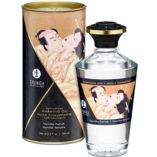 Olio da massaggio Shunga con effetto caldo alla vaniglia, bottiglia da 100 ml, brand Shunga Oils, ideale per massaggi sensuali.