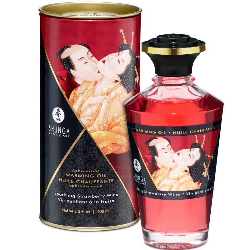 Olio da massaggio SHUNGA con effetto calore alla fragola e cava, 100 ml, bottiglia con etichetta colorata e tappo nero.