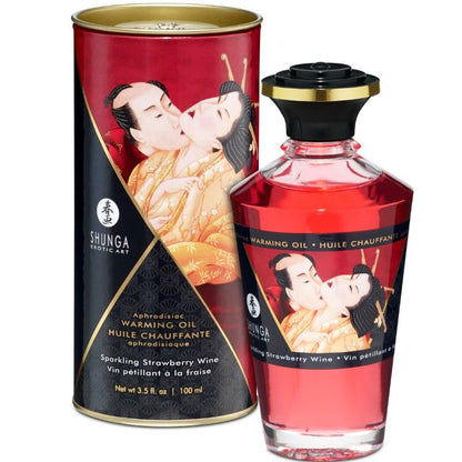 Olio da massaggio SHUNGA con effetto calore alla fragola e cava, 100 ml, bottiglia con etichetta colorata e tappo nero.