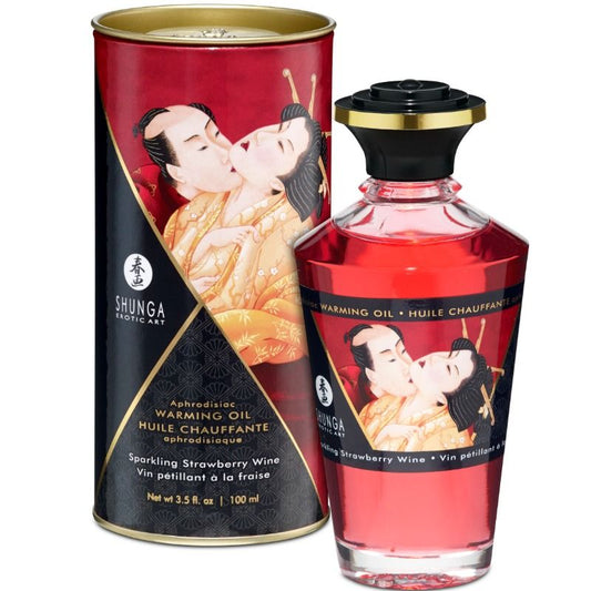 Olio da massaggio SHUNGA con effetto calore alla fragola e cava, 100 ml, bottiglia con etichetta colorata e tappo nero.