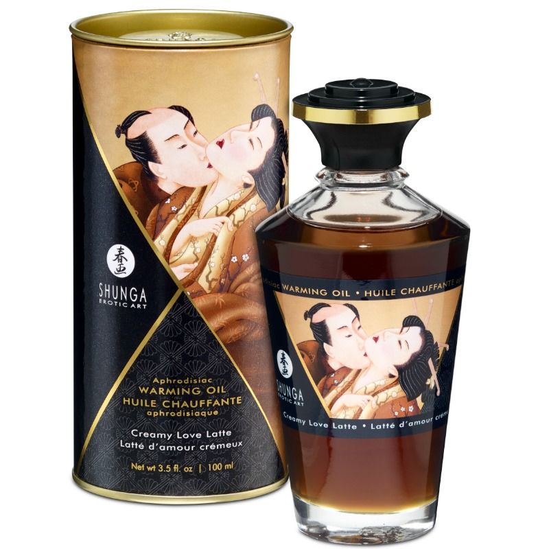 Olio da massaggio Shunga Creamy Love Latte, effetto calore, bottiglia da 100 ml, con etichetta e tappo.