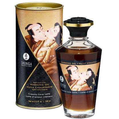 Olio da massaggio Shunga Creamy Love Latte, effetto calore, bottiglia da 100 ml, con etichetta e tappo.