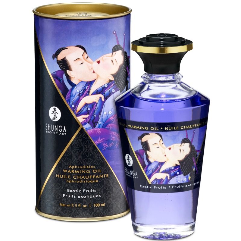 Olio da massaggio SHUNGA con effetto calore e sapore di frutta esotica, bottiglia da 100 ml, mostra il flacone con etichetta colorata