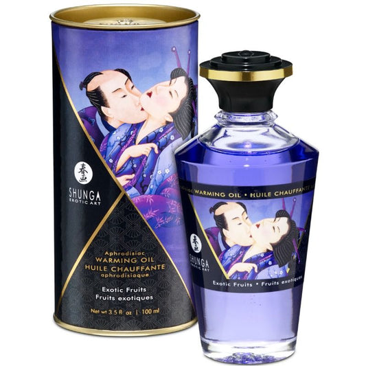Olio da massaggio SHUNGA con effetto calore e sapore di frutta esotica, bottiglia da 100 ml, mostra il flacone con etichetta colorata