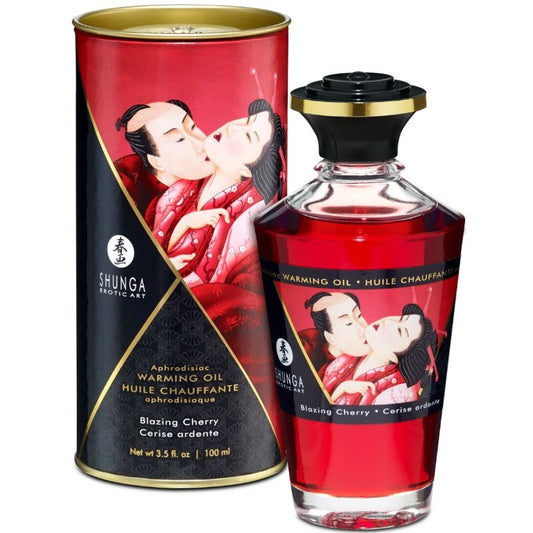 Olio da massaggio Shunga con effetto calore, sapore intenso di ciliegia, bottiglia da 100 ml, aromi e texture visibili in immagine