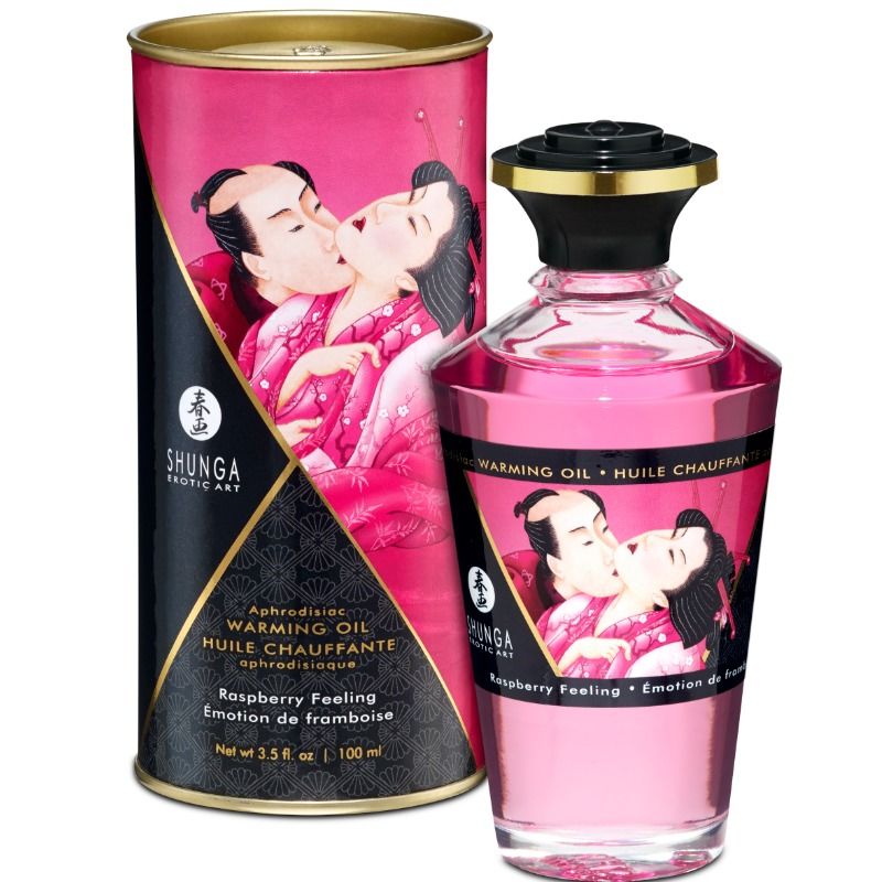 Olio da massaggio Shunga con effetto calore, sapore intenso di lampone, bottiglia da 100 ml, prodotto per il relax e il massaggio.