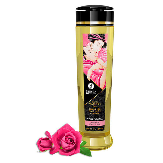 Olio da massaggio erotico Shunga Aphrodisia in bottiglia da 240 ml, con etichetta elegante e flacone in vetro trasparente.