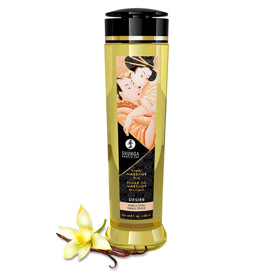 Olio da massaggio erotico Shunga Desire in bottiglia da 240 ml, flacone con etichetta elegante e tappo nero.