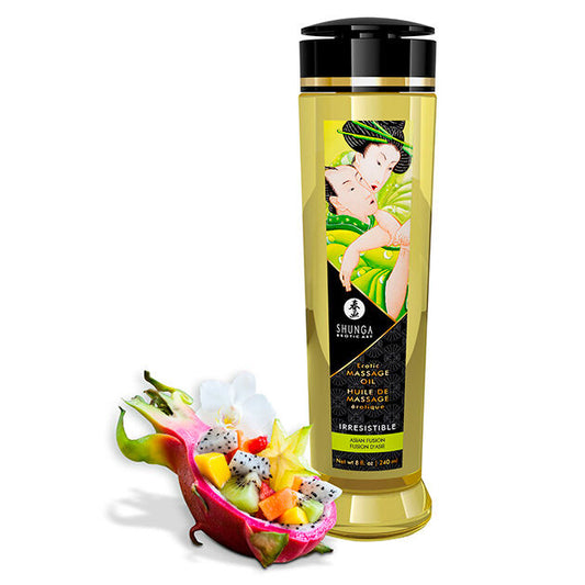 Olio da massaggio erotico Shunga Oils, bottiglia da 240 ml con etichetta elegante e spray, ideale per massaggi sensuali.