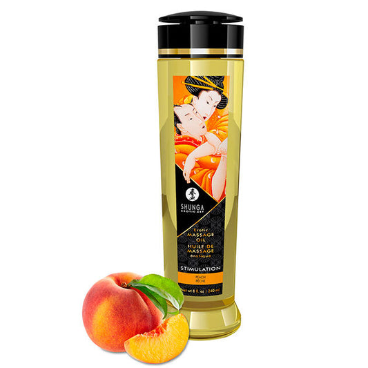 Olio da massaggio erotico stimolante Shunga Oils in bottiglia da 240 ml, contenuto trasparente e etichetta colorata.