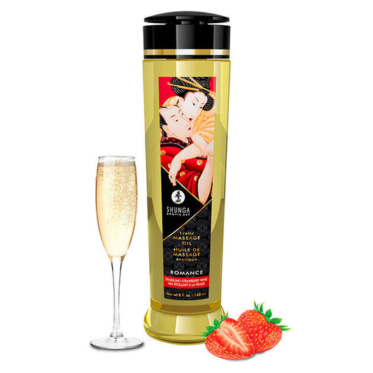 Olio da massaggio romantico ed erotico SHUNGA, bottiglia da 240 ml con etichetta elegante e logo SHUNGA OILS.
