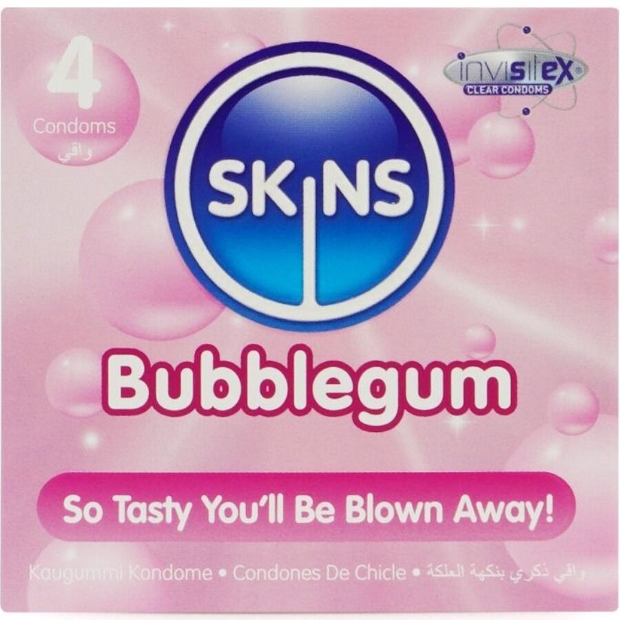 Confezione da 4 preservativi SKINS Bubblegum Premium, morbidi e resistenti, con design colorato e avvolgente, visibili nell'immagine.