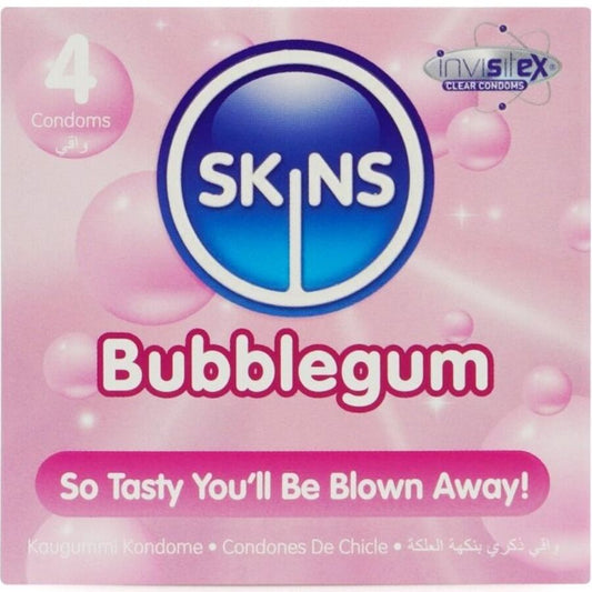 Confezione da 4 preservativi SKINS Bubblegum Premium, morbidi e resistenti, con design colorato e avvolgente, visibili nell'immagine.