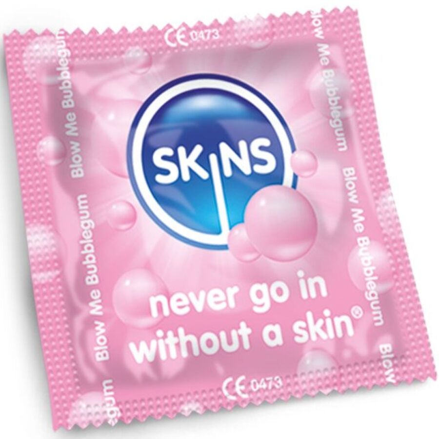 Confezione da 4 preservativi SKINS Bubblegum Premium, dettagli colorati e design elegante, confezione sigillata e resistente