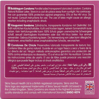 Confezione da 4 preservativi SKINS Bubblegum Premium, confezione colorata e moderna, per protezione e piacere sicuro.