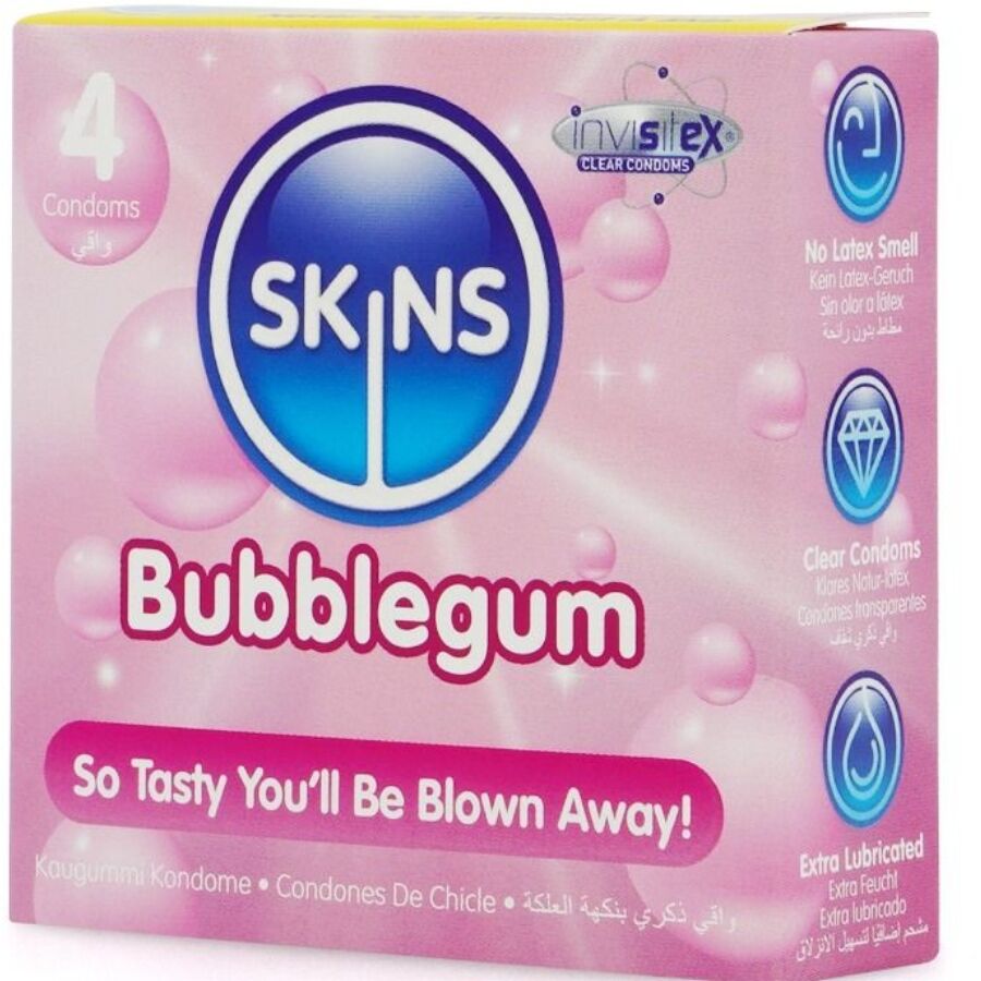 Confezione da 4 preservativi SKINS Bubblegum Premium, rivestimento colorato e design sicuro, visibili nella confezione.
