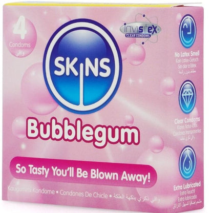 Confezione da 4 preservativi SKINS Bubblegum Premium, rivestimento colorato e design sicuro, visibili nella confezione.