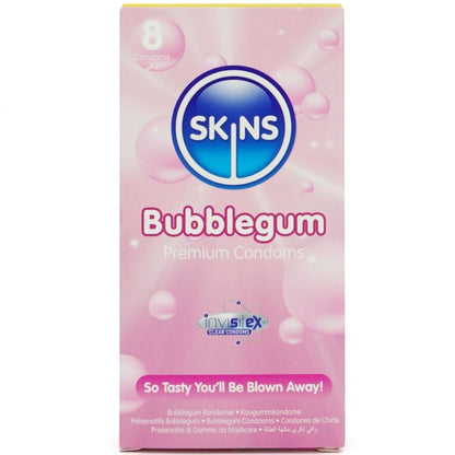 Confezione da 8 preservativi SKINS Bubblegum Premium, confezione colorata e dettaglio del packaging.
