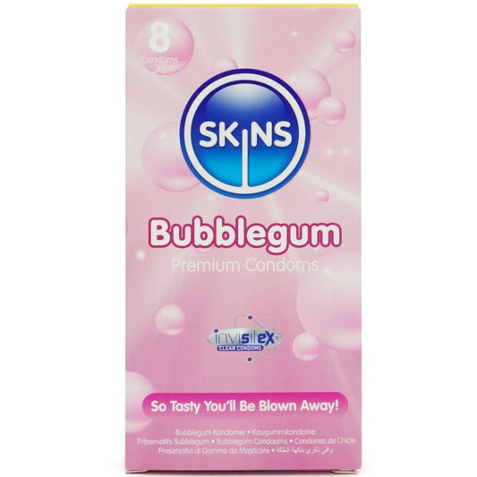 Confezione da 8 preservativi SKINS Bubblegum Premium, confezione colorata e dettaglio del packaging.