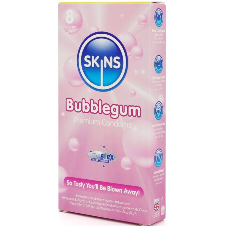 Confezione da 8 preservativi SKINS Bubblegum Premium, confezionati singolarmente, con design colorato e logo visibile.