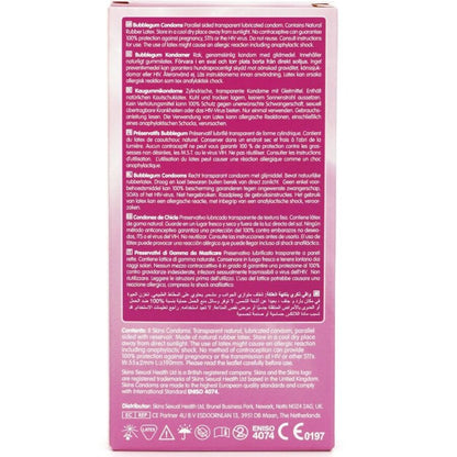 Confezione da 8 preservativi SKINS Bubblegum Premium, confezione colorata con dettagli del prodotto e logo del marchio.