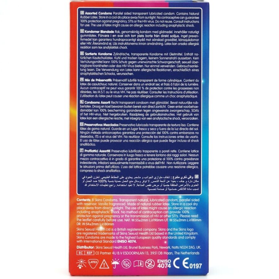 Confezione assortita di 8 preservativi premium SKINS, confezione con preservativi di alta qualità, imballaggio elegante.