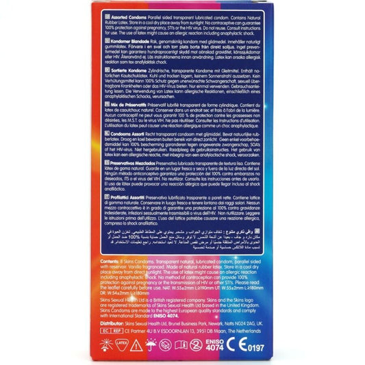 Confezione assortita di 8 preservativi premium SKINS, confezione con preservativi di alta qualità, imballaggio elegante.