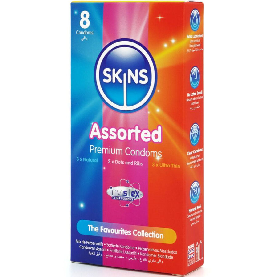 Confezione assortita di 8 preservativi premium SKINS, immagini di preservativi in confezione colorata e sigillata.