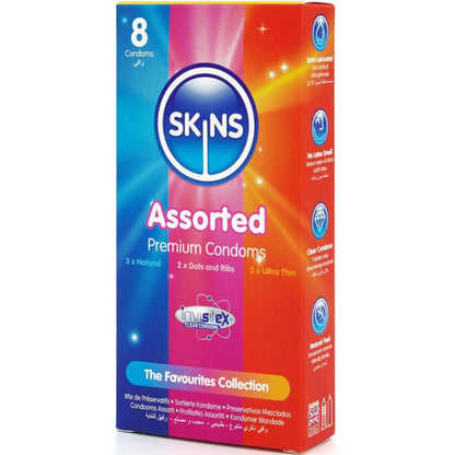 Confezione assortita di 8 preservativi premium SKINS, immagini di preservativi in confezione colorata e sigillata.