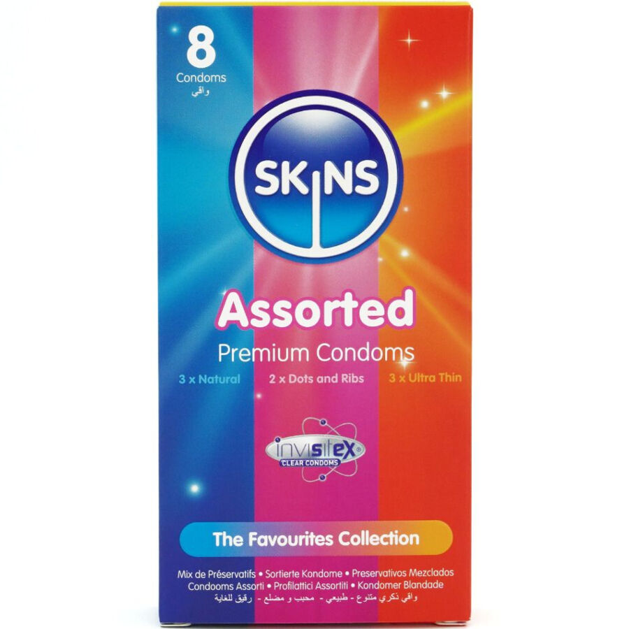 Confezione assortita di 8 preservativi premium SKINS, scatola con preservativi di diverse taglie e design.