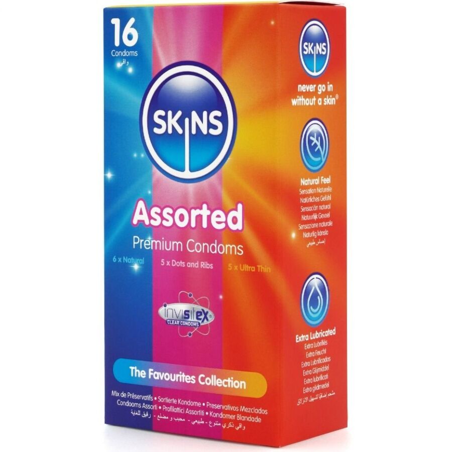 Confezione assortita di 16 conservanti premium SKINS, vari gusti e formati, in confezione colorata e aperta con conservanti visibili