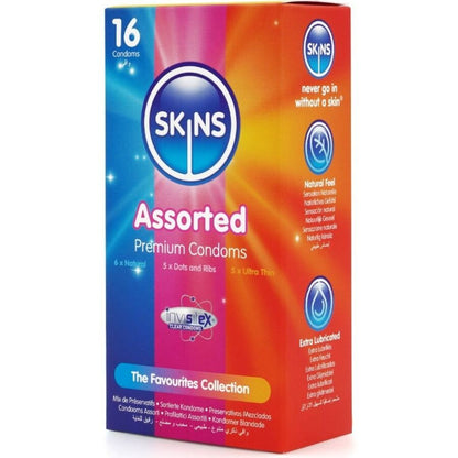 Confezione assortita di 16 conservanti premium SKINS, vari gusti e formati, in confezione colorata e aperta con conservanti visibili