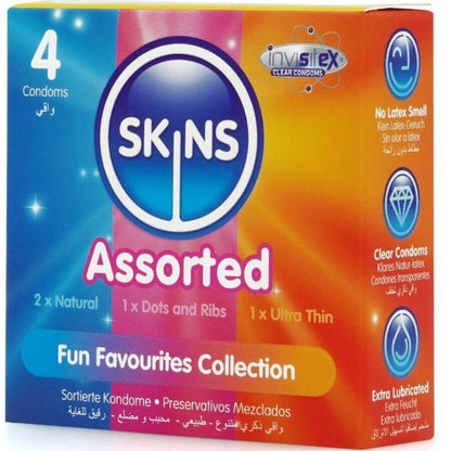 Confezione da 4 preservativi assortiti premium SKINS, confezione elegante e sicura, in primo piano.