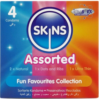 Confezione da 4 preservativi assortiti SKINS, premium, con dettagli e confezione elegante, ideale per protezione affidabile.