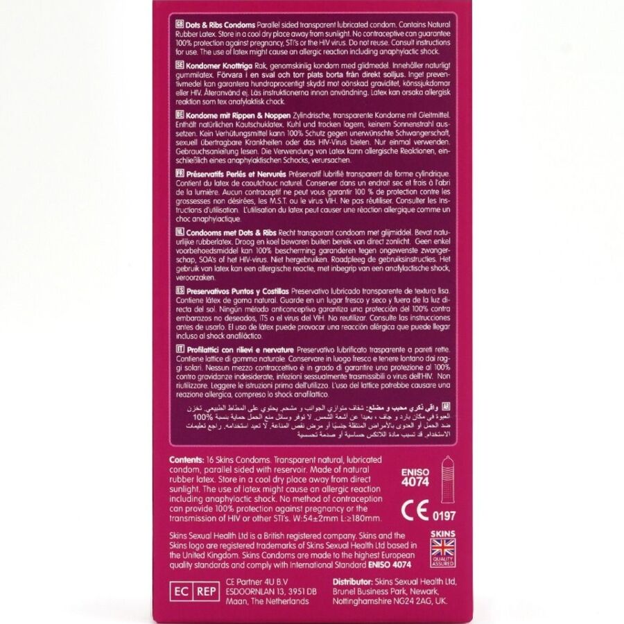 Confezione da 16 preservativi SKINS Dots & Ribs Premium, dettagli con punte e righe per maggiore piacere.