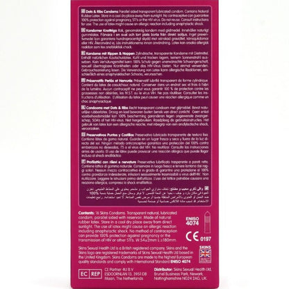 Confezione da 16 preservativi SKINS Dots & Ribs Premium, dettagli con punte e righe per maggiore piacere.