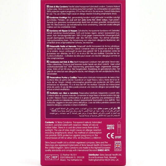 Confezione da 16 preservativi SKINS Dots & Ribs Premium, dettagli con punte e righe per maggiore piacere.