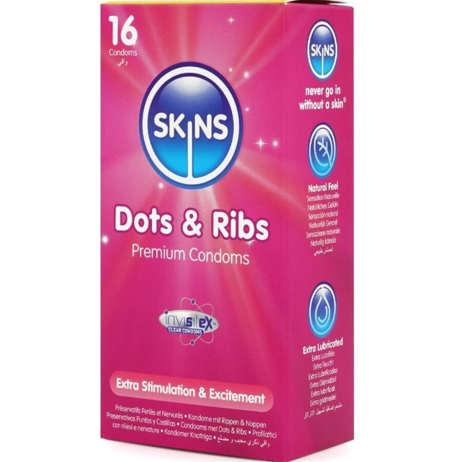 Preservativi SKINS Dots & Ribs Premium in confezione da 16, con texture a punti e coste per maggiore sensazione