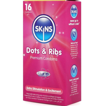 Preservativi SKINS Dots & Ribs Premium in confezione da 16, con texture a punti e coste per maggiore sensazione