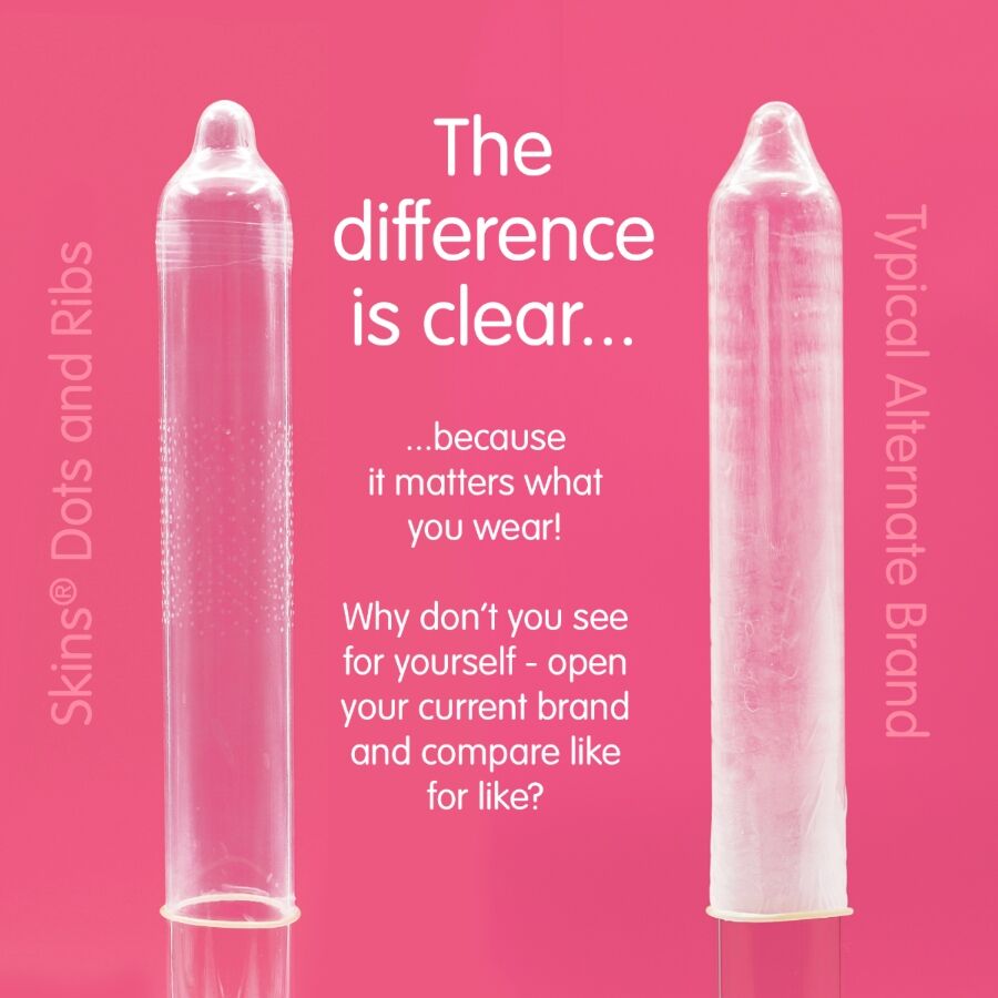 Confezione da 16 preservativi SKINS Dots & Ribs Premium con rivestimenti a puntini e coste, per maggiore stimolazione.
