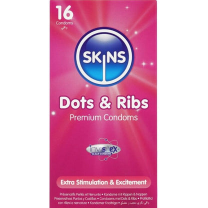 Confezione da 16 preservativi SKINS Dots & Ribs, profilattici di alta qualità con motivi a puntini e righe.